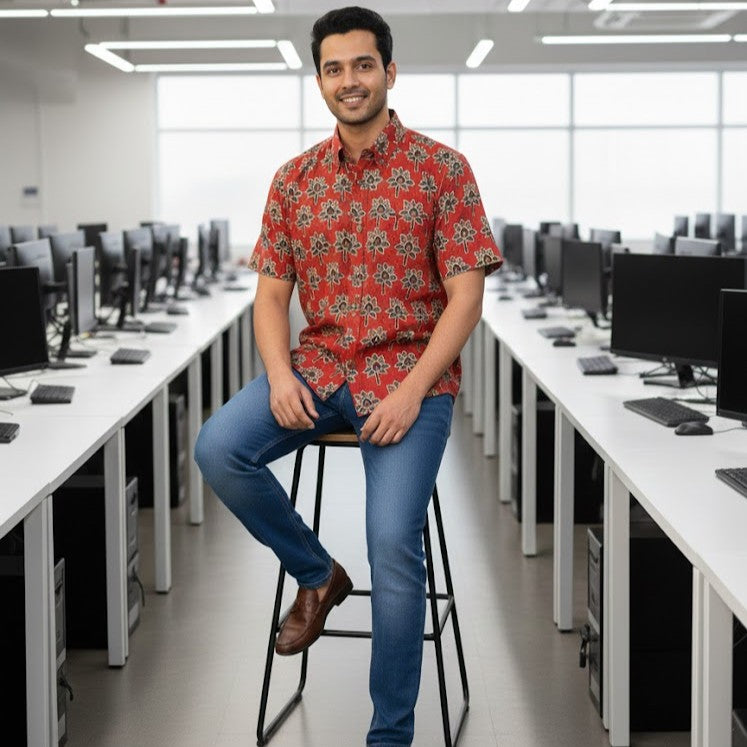 Ajrakh Casual Shirt | Earthen Red Ivory
