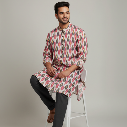 Man wearing a patterned kurta sitting on a stool against a plain background