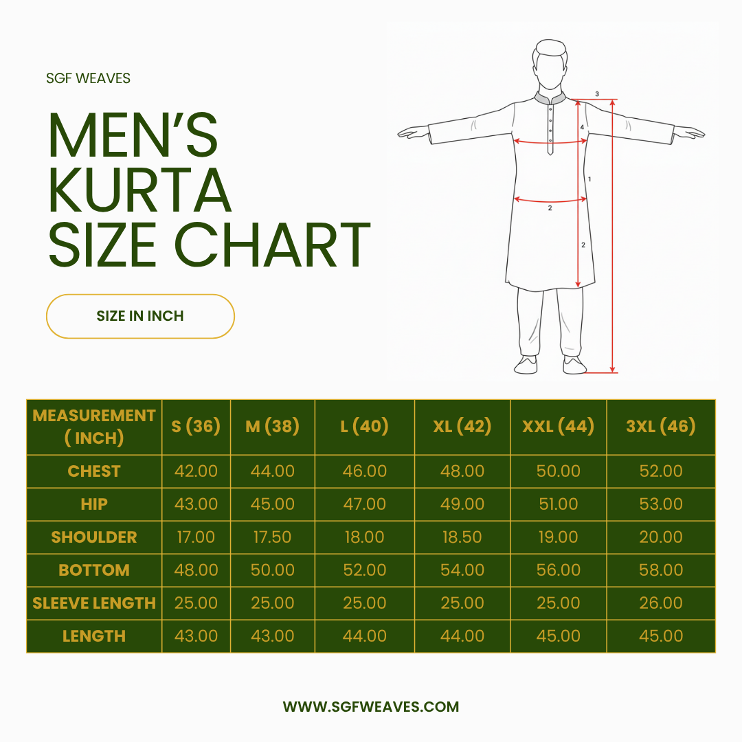 Men's kurta size chart with measurements and a diagram of a man wearing a kurta.