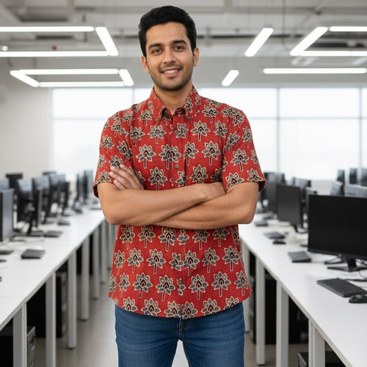 Ajrakh Casual Shirt | Earthen Red Ivory