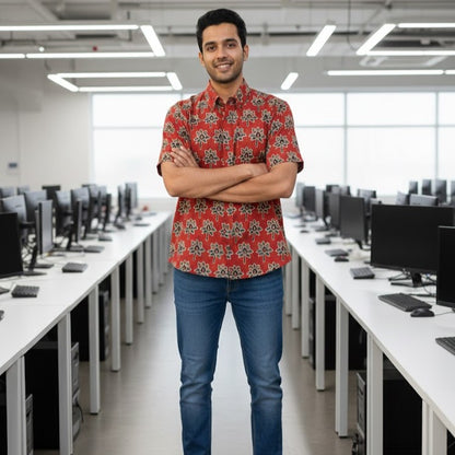Ajrakh Casual Shirt | Earthen Red Ivory