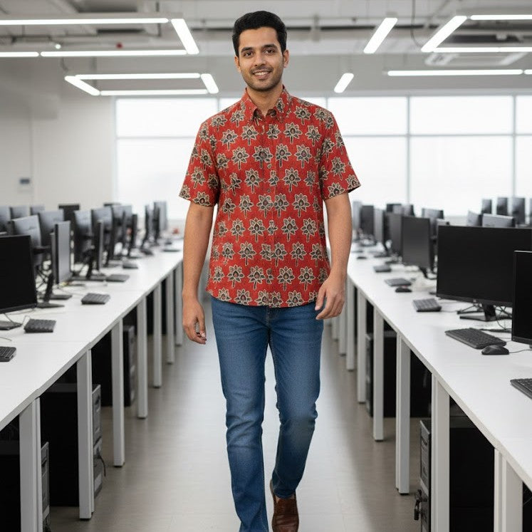 Ajrakh Casual Shirt | Earthen Red Ivory