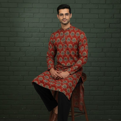 Ajrakh Kurta | Earthen Red Ivory