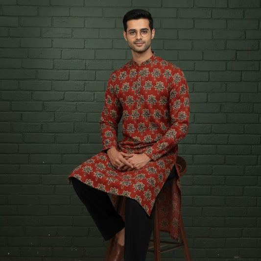 Ajrakh Kurta | Earthen Red Ivory