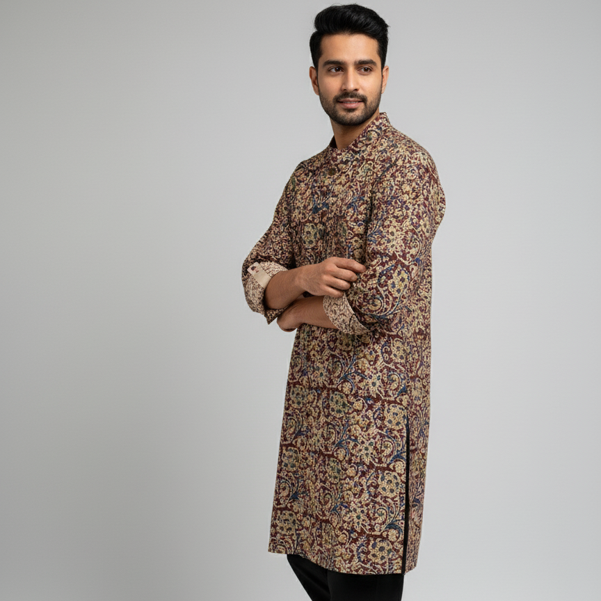 Man wearing a patterned kurta with black pants on a gray background