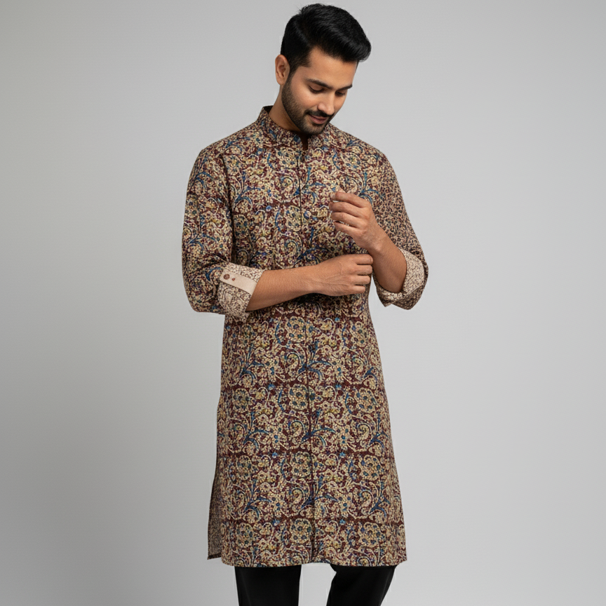 Man wearing a patterned kurta with black pants on a gray background