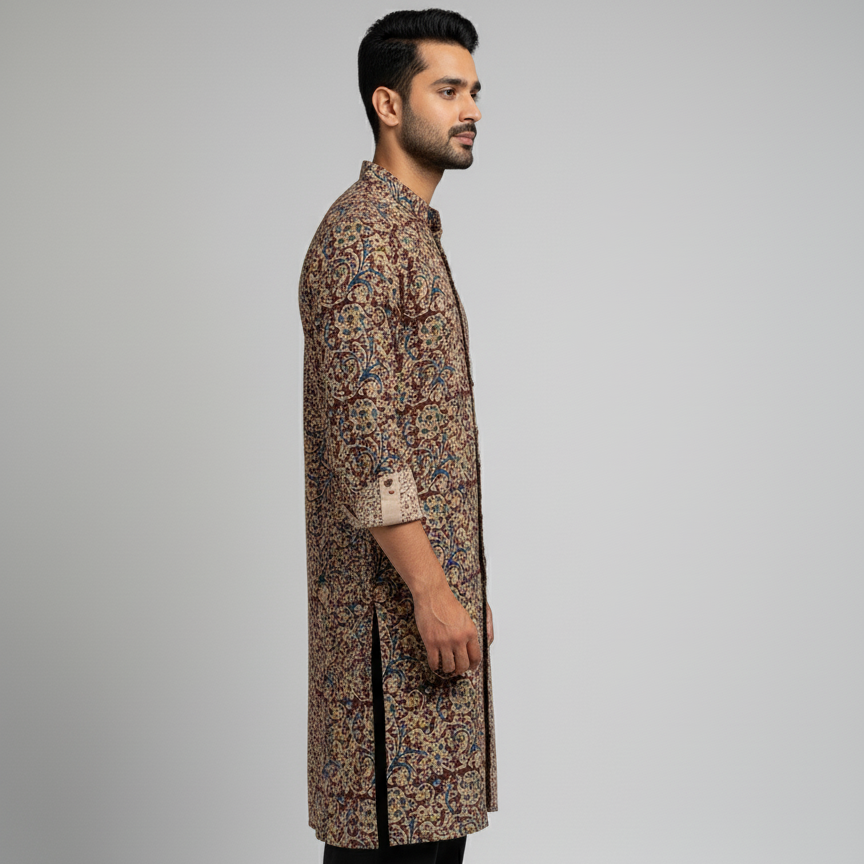 Man wearing a patterned kurta with black pants on a gray background