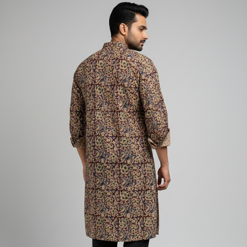 Man wearing a patterned kurta with black pants on a gray background