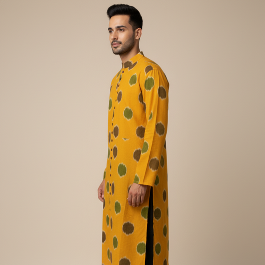 Man wearing a yellow kurta with green patterns on a beige background