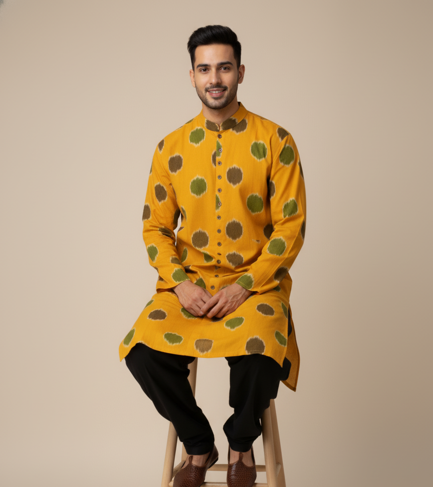 Ikat Kurta | Mustard & Mehendi Harmony