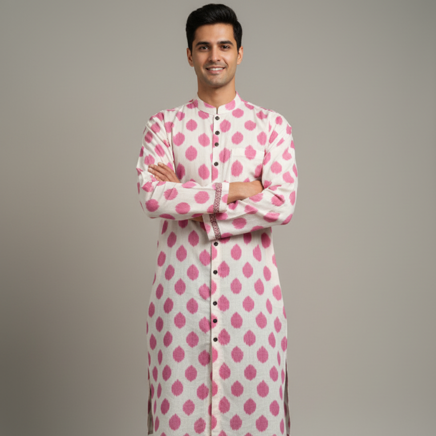 Man wearing a pink and white patterned kurta with black pants on a gray background