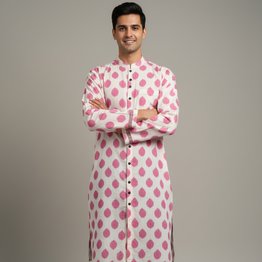 Man wearing a pink and white patterned kurta with black pants on a gray background