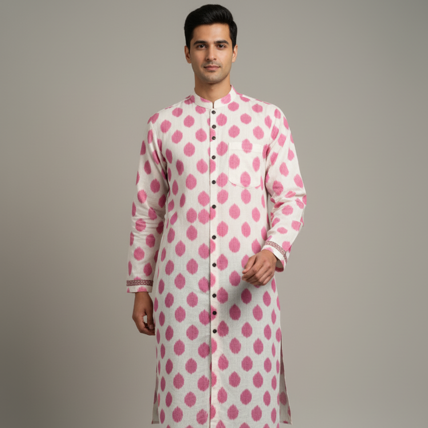 Man wearing a white kurta with pink floral patterns on a gray background