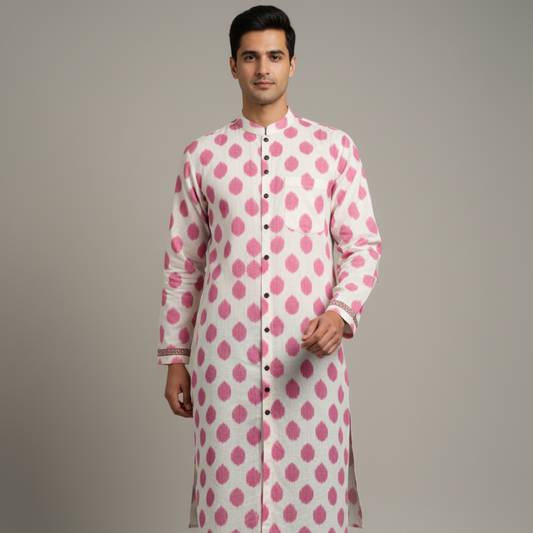Man wearing a white kurta with pink floral patterns on a gray background