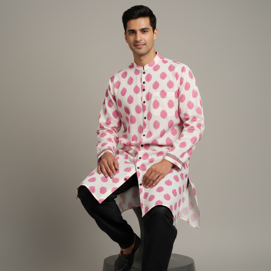 Man wearing a pink polka dot kurta with black pants on a gray background