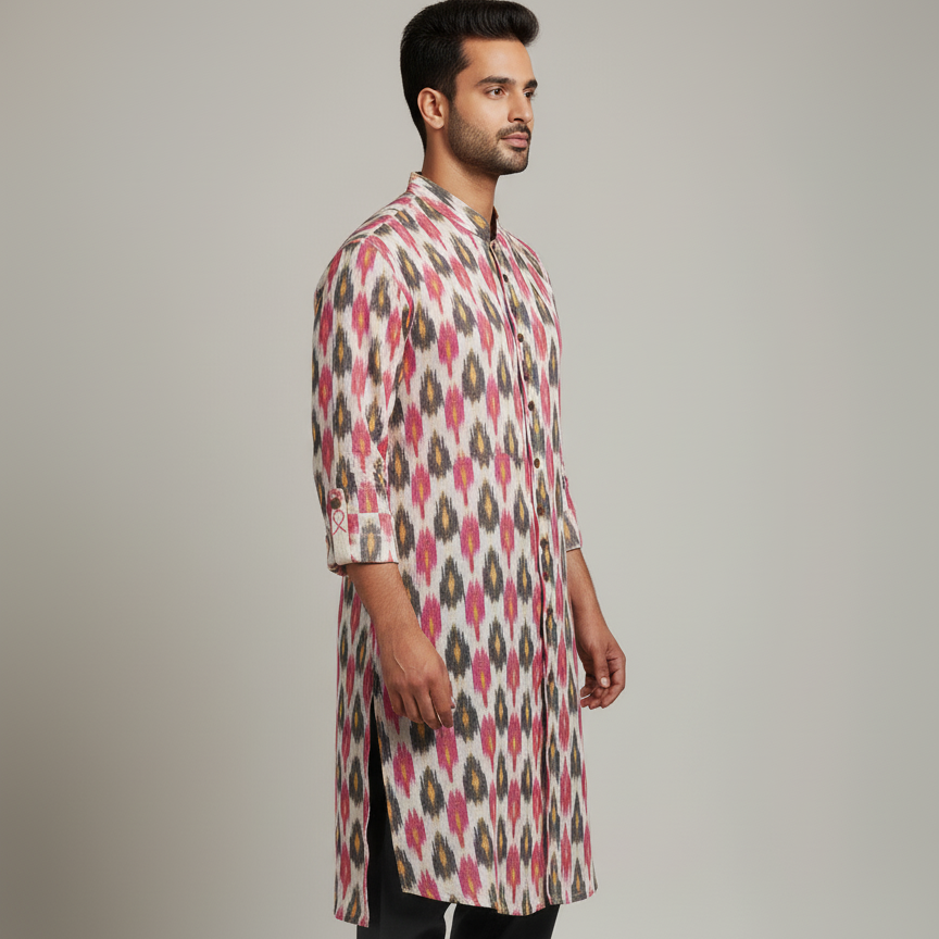Man wearing a patterned kurta with black pants on a plain background