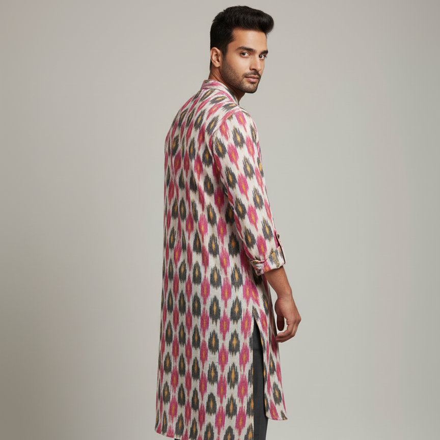 Man wearing a patterned kurta with dark pants on a plain background