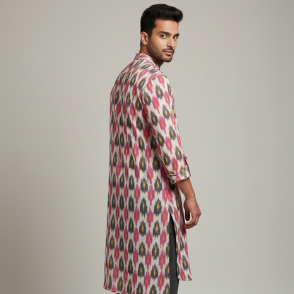 Man wearing a patterned kurta with dark pants on a plain background