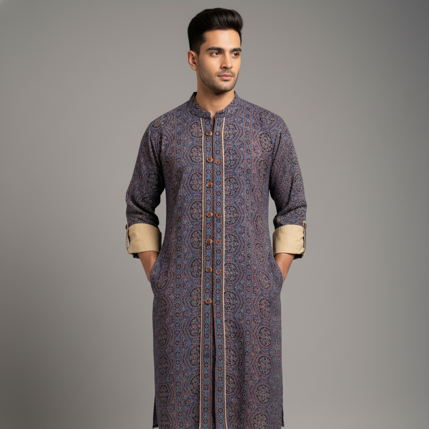 Man wearing a patterned kurta against a gray background