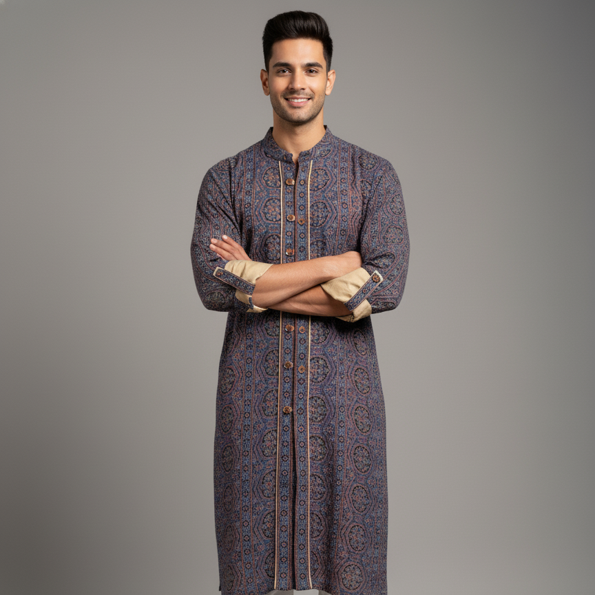 Man wearing a patterned kurta against a gray background