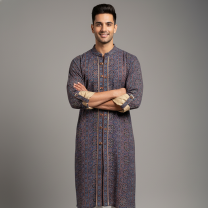 Man wearing a patterned kurta against a gray background