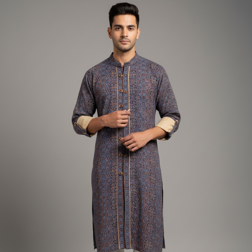 Man wearing a patterned kurta against a gray background