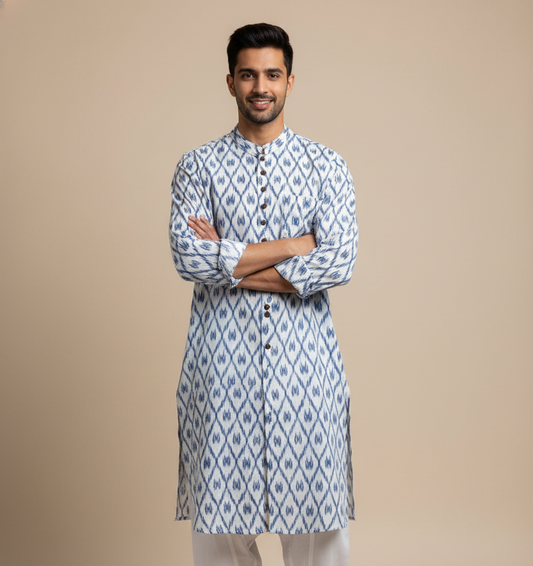 Ikat Heritage Kurta - Vibrant Blues