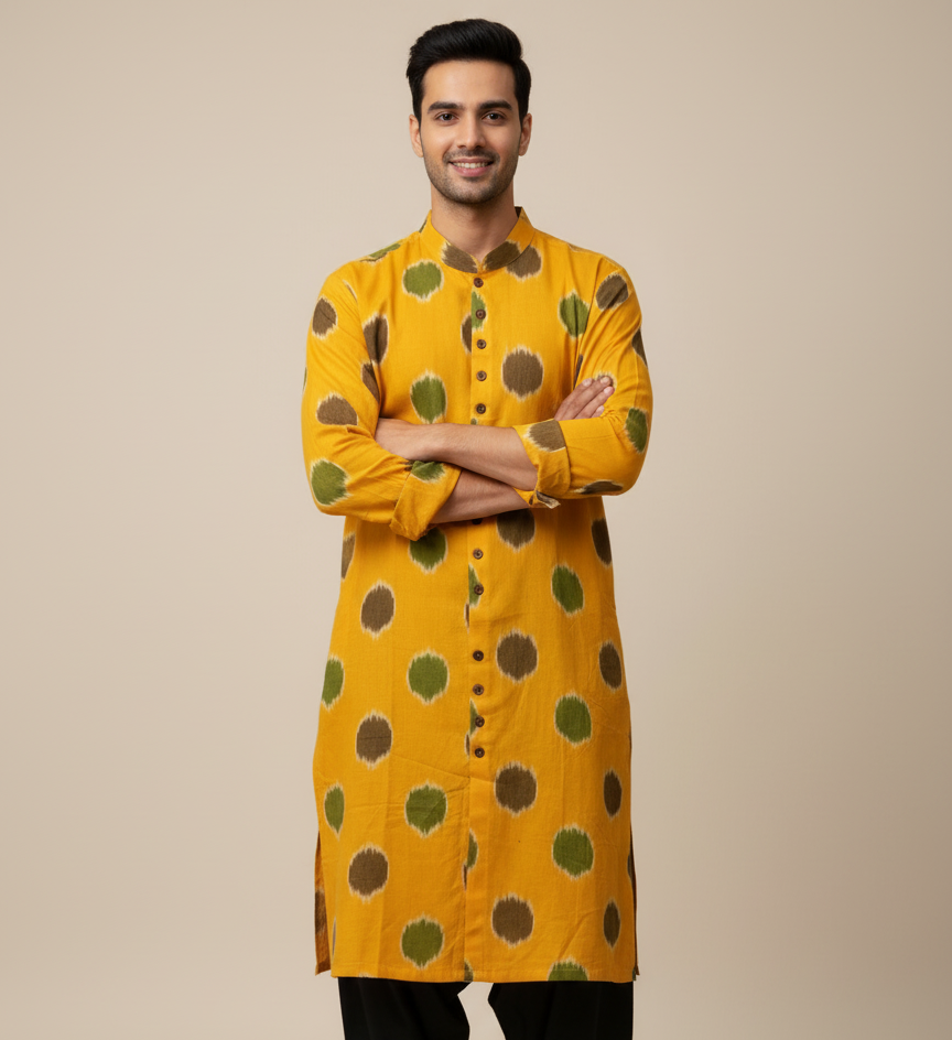 Ikat Kurta | Mustard & Mehendi Harmony
