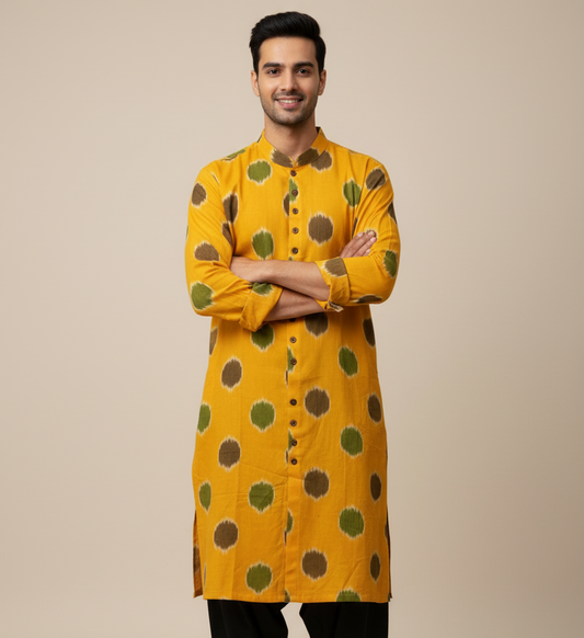 Ikat Kurta | Mustard & Mehendi Harmony