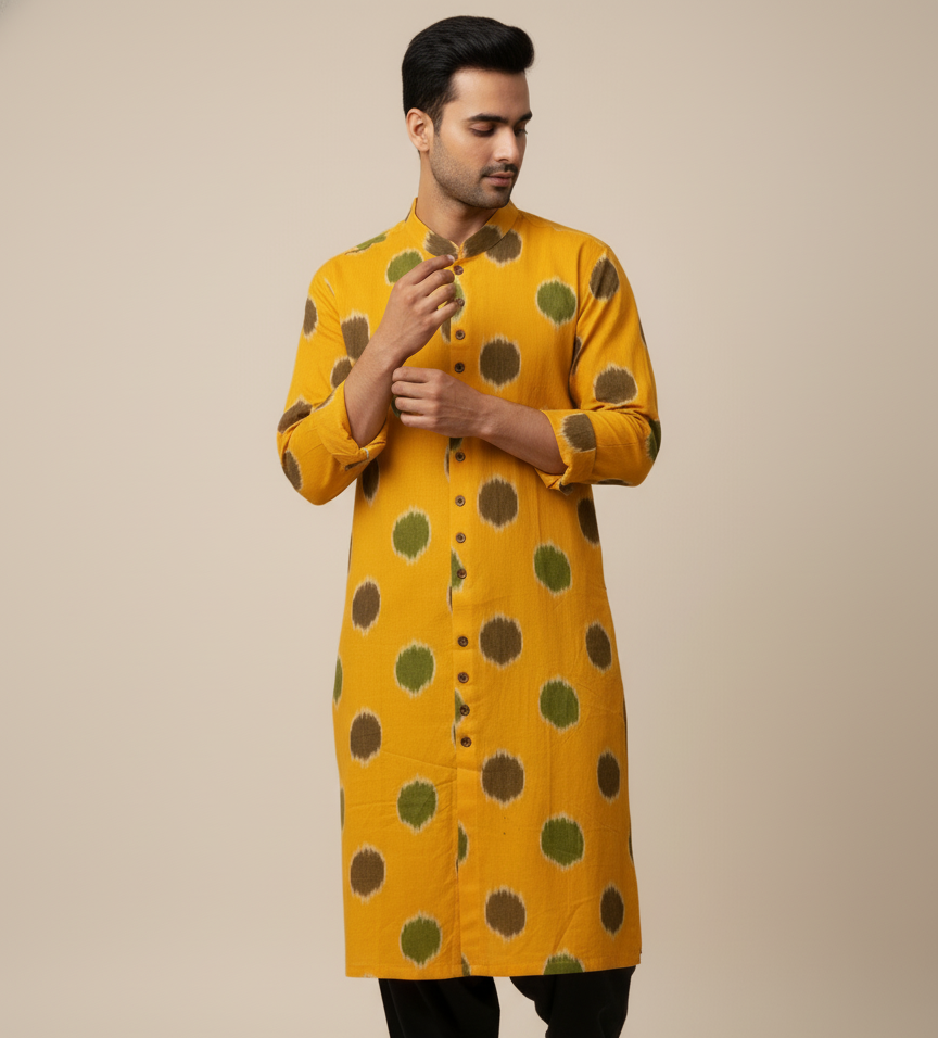 Ikat Kurta | Mustard & Mehendi Harmony