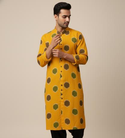 Ikat Kurta | Mustard & Mehendi Harmony