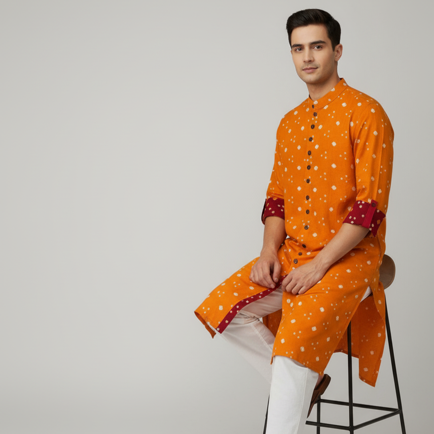 Bandhej Heritage Kurta | Golden Glow