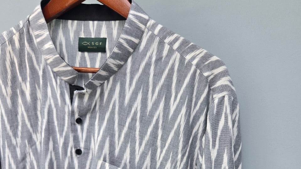 Mens White and Grey Small Weaves Kurta